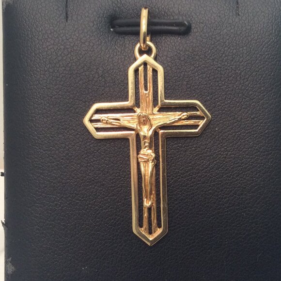 18k Yellow real Solid Gold Fancy Cross Crucifix Pendant Charm 1 3/4 Inch4.4g